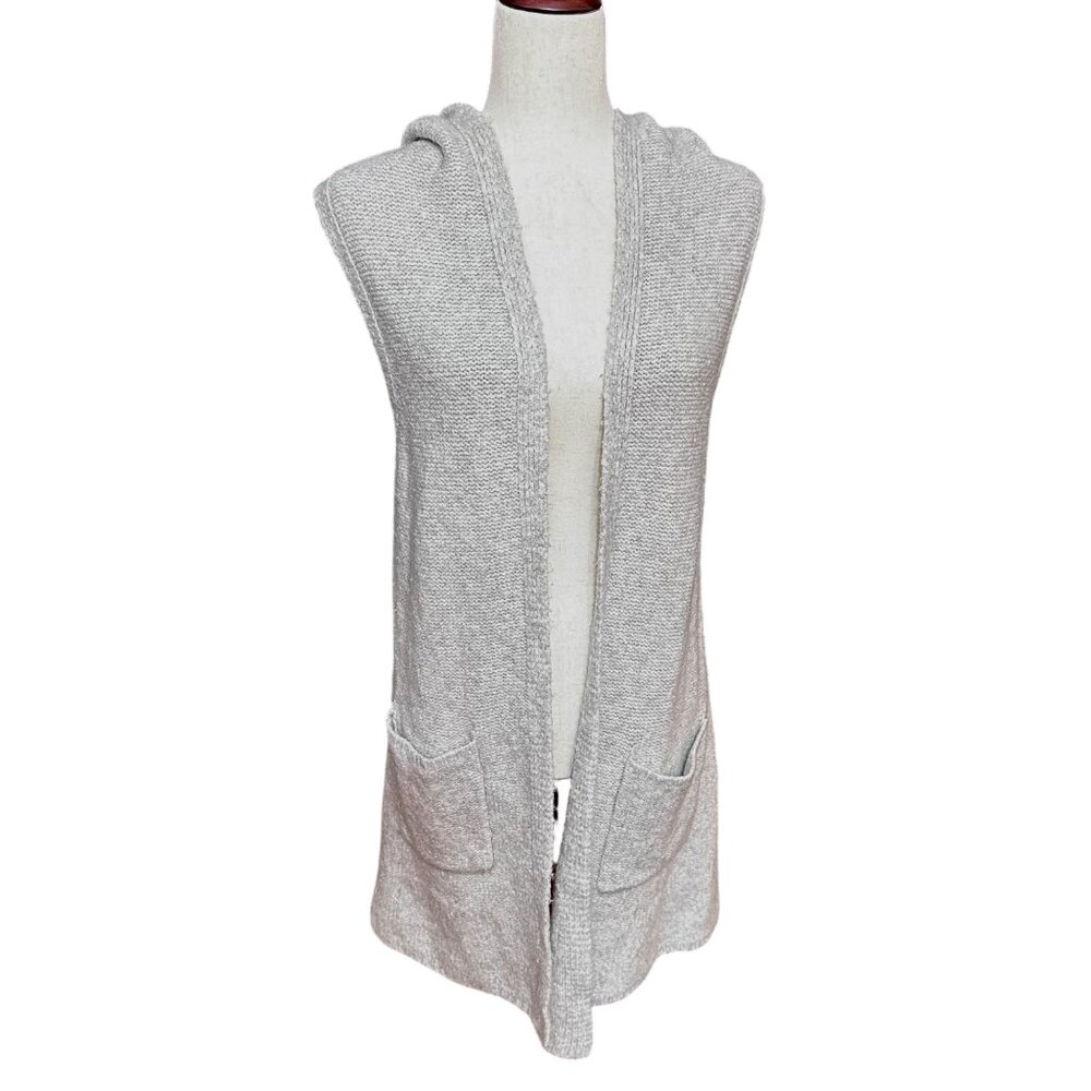 Tahari Long Open Cardigan Women M Gray Sleeveless Hood Wool Blend Knit Casual